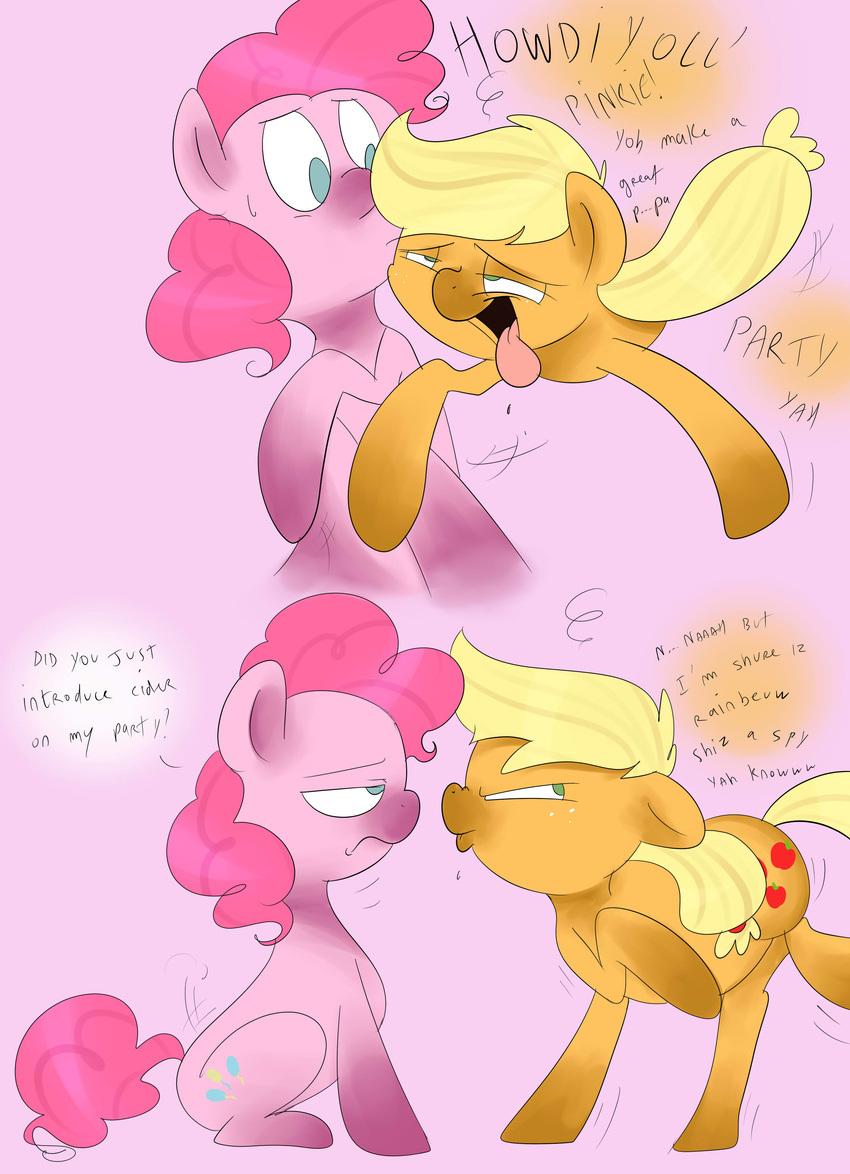absurd_res applejack_(mlp) blonde_hair blue_eyes comic cutie_mark dialog drunk duo english_text equine female feral freckles friendship_is_magic fur green_eyes hair half-closed_eyes hi_res horse mammal my_little_pony open_mouth orange_fur pink_fur pink_hair pinkie_pie_(mlp) pony standing text theponybox696 tongue