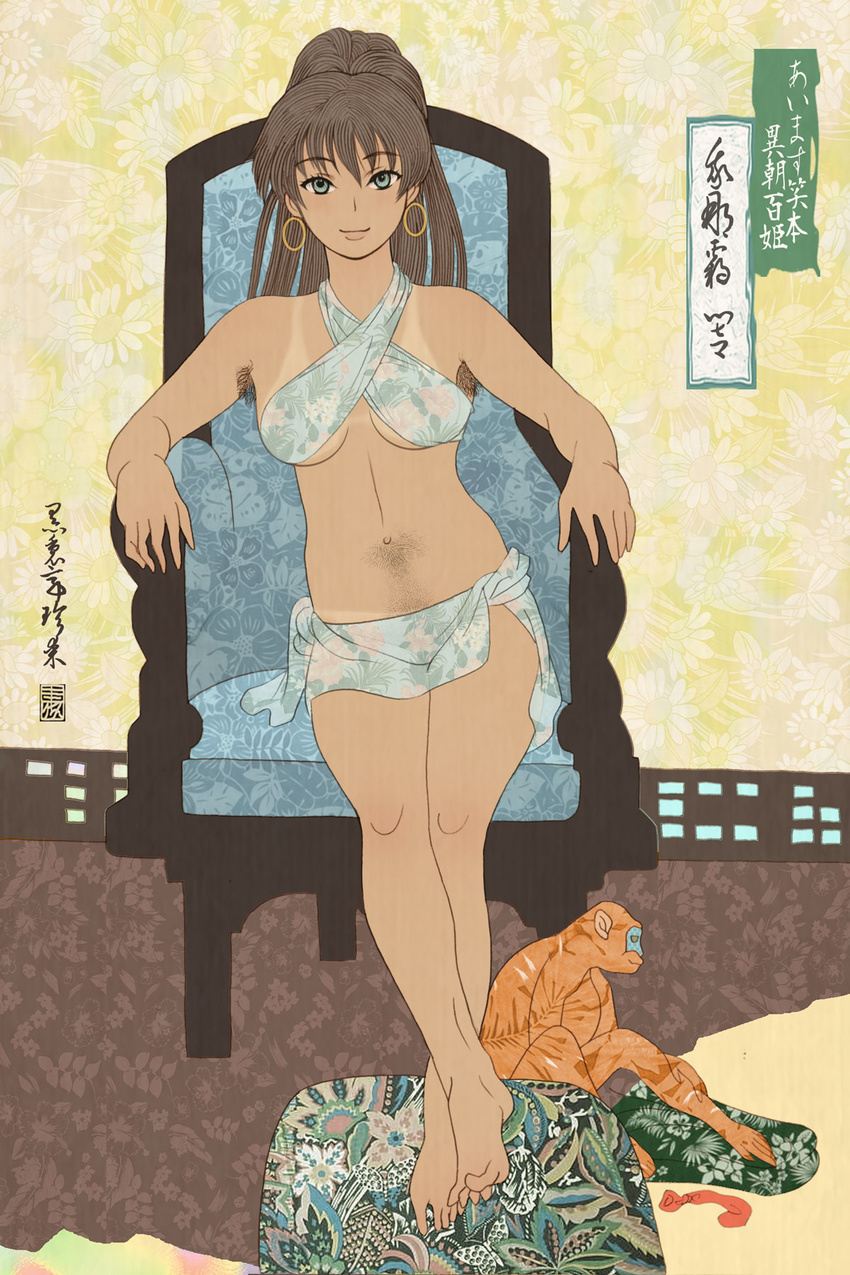 aqua_sarong armpit_hair barefoot body_hair earrings feet fine_art_parody ganaha_hibiki highres hoop_earrings idolmaster idolmaster_(classic) jewelry kurorichin monkey navel_hair nihonga parody print_sarong pubic_hair sarong solo style_parody tan tanline toes translation_request ukiyo-e