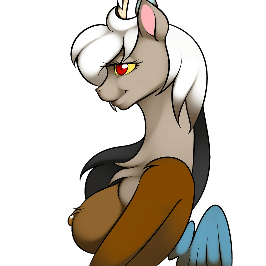 anthro anthrofied antler antlers breasts crossgender discord_(mlp) draconequus fangs female friendship_is_magic hair horn kloudmutt my_little_pony plain_background red_eyes side_boob solo white_background white_hair wings