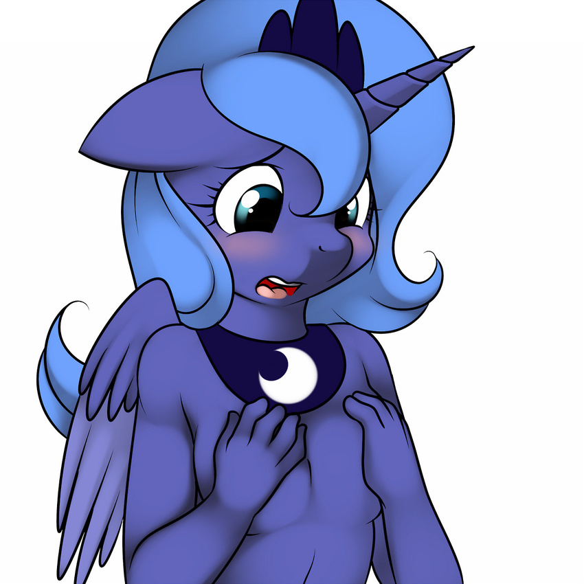 anthro anthrofied blue_eyes blue_fur blue_hair blush breasts covering crown cub equine female friendship_is_magic fur hair horn horse kloudmutt kloumdutt looking_down mammal moon my_little_pony necklace nude open_mouth plain_background pony princess_luna_(mlp) small_breasts solo teeth tongue white_background winged_unicorn wings young