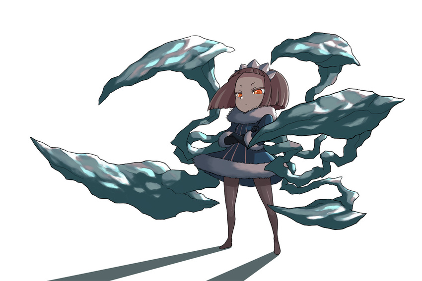 bangs blunt_bangs bob_cut brown_hair brown_legwear claws coat crossed_arms elbow_gloves fur_collar fur_trim gloves huge_weapon ice ice_tentacles ken_(koala) no_shoes orange_eyes original pantyhose queen_of_icicle shadow short_hair solo striped tiara vertical_stripes weapon