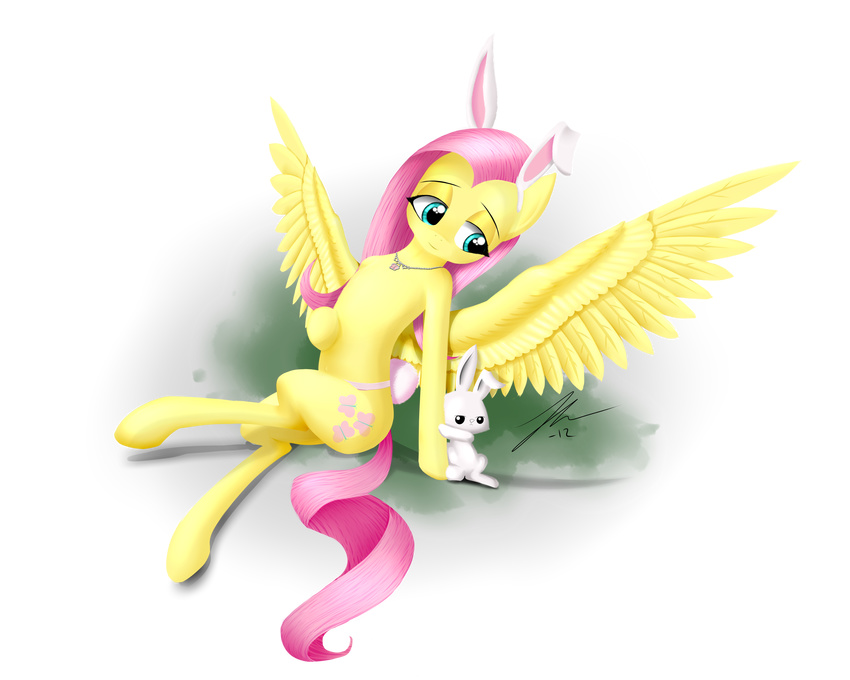 absurd_res alpha_channel angel_(mlp) animal_ears arm_support cotton_tail cutie_mark equine female feral fluttershy_(mlp) friendship_is_magic fur green_eyes hair hi_res horse jewelry lagomorph leaning long_hair male mammal my_little_pony necklace pegasus pink_hair plain_background pony rabbit rabbit_ears smile transparent_background wings wreky yellow_fur