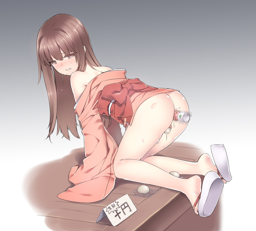 all_fours anal anal_object_insertion ass bad_id bad_pixiv_id blush bottomless brown_eyes brown_hair clenched_teeth clog_sandals egg egg_laying gradient gradient_background japanese_clothes kimono kuro_(kuronell) long_hair looking_back obi object_insertion off_shoulder open_mouth original parted_lips prolapse pussy_juice pussy_juice_puddle sash simple_background sleeves_past_wrists solo tears teeth uterine_prolapse vibrator wide_sleeves wooden_floor yukata
