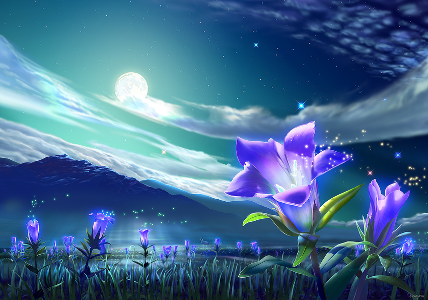 animal clouds flowers grass kagaya landscape moon night nobody original scenic sky stars