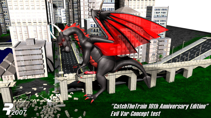 3d big_penis black_dragon black_scales bridge building cgi city claws destruction dragon english_text erection evil_varby glowing glowing_eyes hi_res horn long_neck looking_at_viewer macro male outside penis rangarig red_eyes solo text varby wings
