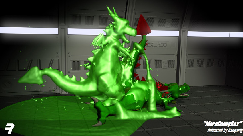 3d ambiguous_gender anal balls cgi claws dracorex dragon duo erection from_behind goo green_scales hall horn male open_mouth penis raised_tail rangarig rangarig_(character) rangarig_rex scalie sex tiny_wings wings