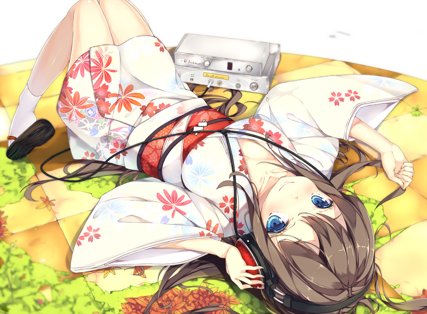 bangs blue_eyes blush breasts brown_hair cable collarbone dutch_angle floral_print full_body hand_on_headphones headphones japanese_clothes kimono leaf long_hair looking_at_viewer looking_to_the_side looking_up lying medium_breasts obi on_back original print_kimono sandals sash shiny shiny_skin shirohina short_kimono smile socks solo very_long_hair wide_sleeves