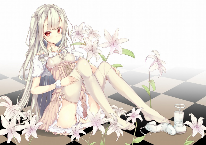 blush breasts cameltoe flower long_hair looking_at_viewer original panties red_eyes shirohina small_breasts smile solo underwear white_hair