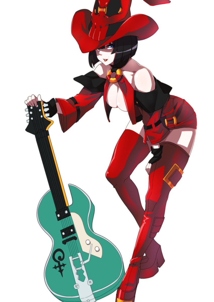 absurdres bare_shoulders black_hair blue_eyes boots breasts cleavage fingerless_gloves gloves green_eyes guilty_gear guilty_gear_xrd guitar hat heterochromia highres i-no instrument large_breasts looking_at_viewer makai mole mole_above_mouth red_hat red_legwear short_hair simple_background solo thigh_boots thighhighs white_background witch_hat