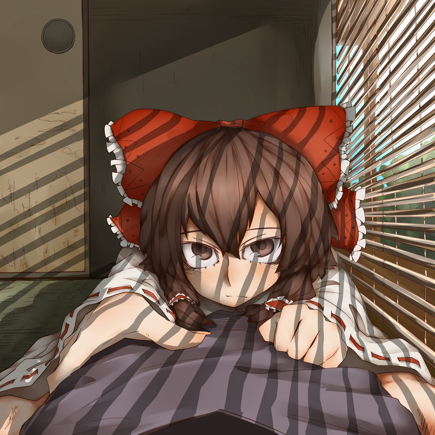 1girl bangs blinds blush bow brown_eyes brown_hair clenched_hand cloud detached_sleeves frills frown fusuma hair_between_eyes hair_bow hair_tubes hakurei_reimu hand_on_another's_chest highres indoors japanese_clothes long_hair looking_at_viewer lying matsunome miko nose_blush on_back on_stomach open_door outstretched_arms pov ribbon-trimmed_sleeves ribbon_trim sad shade shirt shutter sidelocks sky sliding_doors solo_focus sunlight tatami touhou tree wide_sleeves window window_shade
