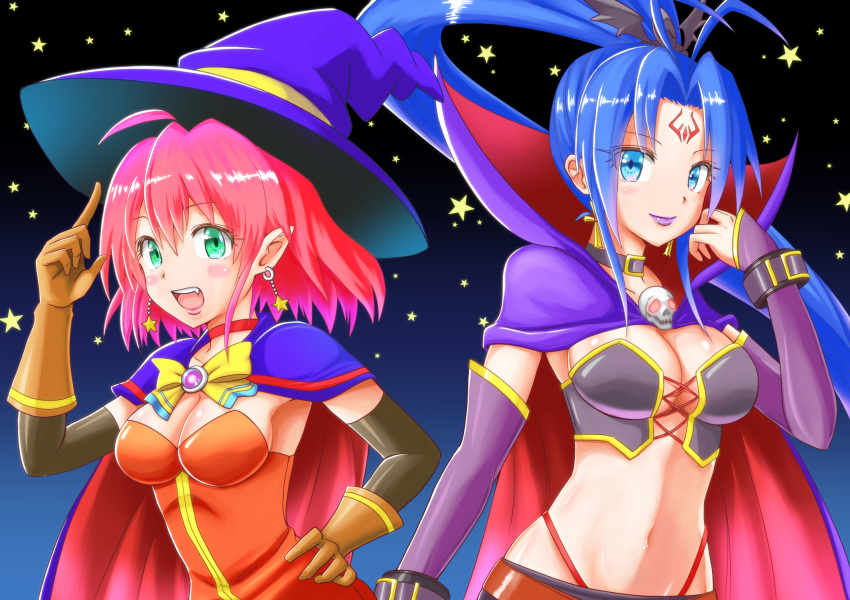 2girls alice_wishheart blue_eyes blue_hair breasts cape earrings green_eyes halloween hat highres jewelry magical_halloween midriff multiple_girls navel pink_hair pointy_ears rosemary_bergamot short_hair skull smile star tenzeru witch_hat