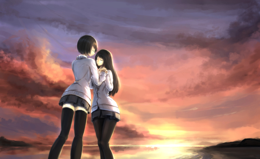 2girls black_hair clouds kikivi long_hair original pantyhose short_hair skirt sky sunset thighhighs