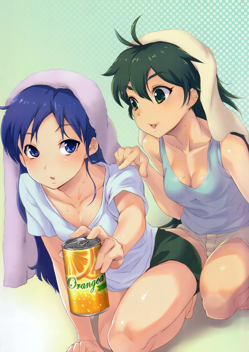 absurdres bare_legs barefoot blue_eyes blue_hair breasts can cleavage collarbone don_michael ganaha_hibiki green_eyes green_hair halftone halftone_background highres idolmaster idolmaster_(classic) kisaragi_chihaya kneeling long_hair multiple_girls parted_lips pointing scan short_shorts shorts small_breasts smile soda_can sweat tank_top towel towel_on_head
