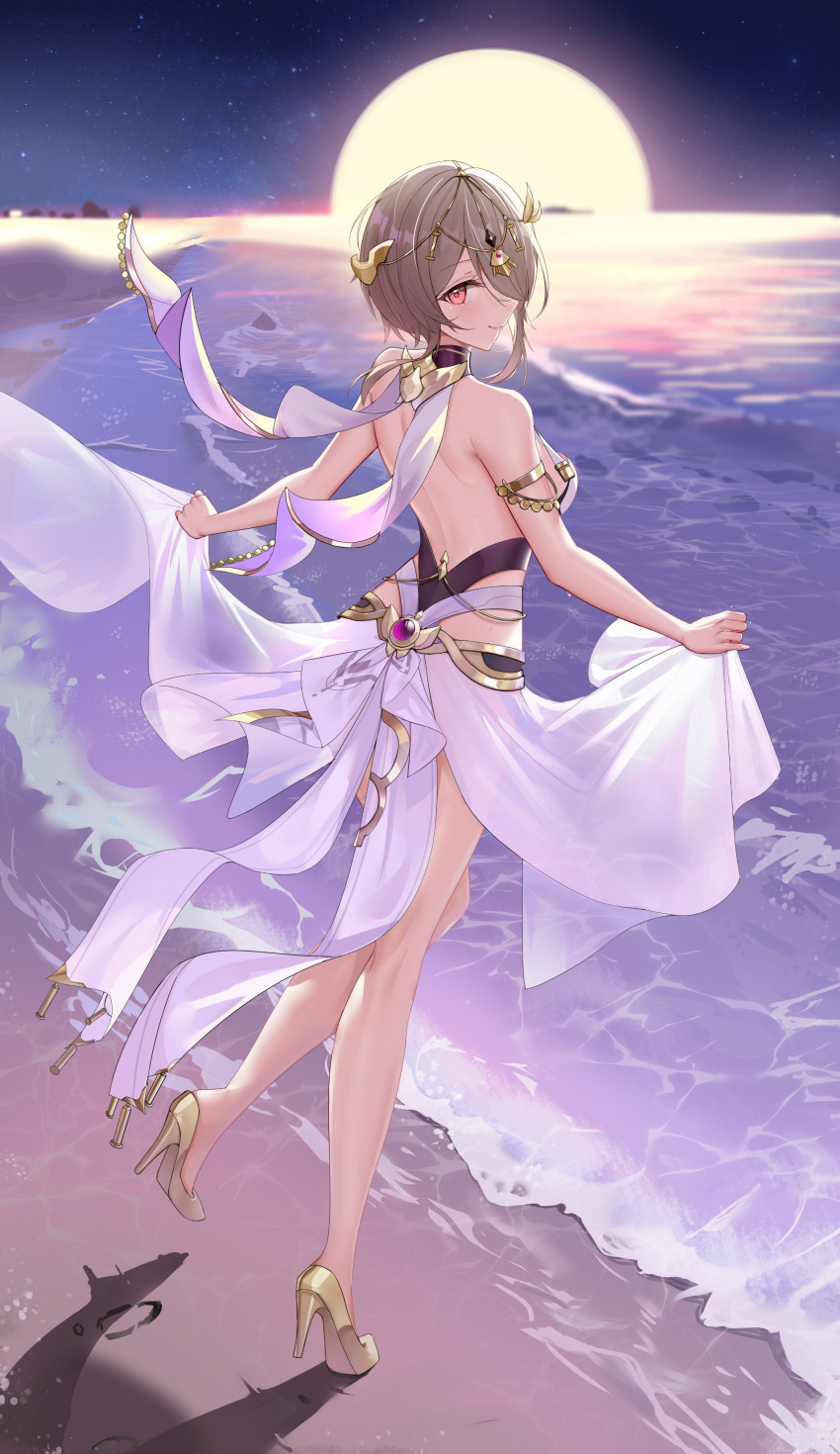 1girl absurdres arabian_clothes backless_outfit bangs bare_shoulders beach brown_hair closed_mouth full_body full_moon gold_footwear hair_ornament hair_over_one_eye high_heels highres honkai_(series) honkai_impact_3rd looking_at_viewer looking_back moon night night_sky purple_eyes rita_rossweisse rita_rossweisse_(spina_astera) sky smile solo standing standing_on_one_leg star_(sky) starry_sky water zhongwu_chahui