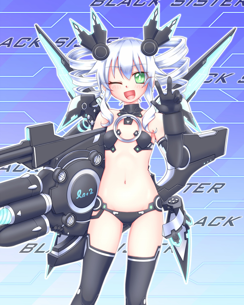 ;d ass_visible_through_thighs black_sister character_name drill_hair elbow_gloves flat_chest gloves green_eyes hair_ornament highres huge_weapon long_hair mechanical_wings mizunashi_(second_run) navel neptune_(series) one_eye_closed open_mouth revealing_clothes smile solo thighhighs twin_drills w weapon white_hair wings