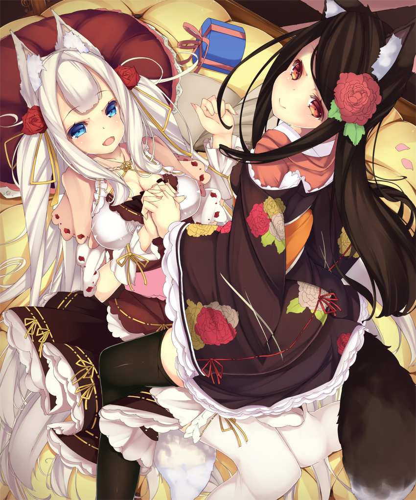 absurdres animal_ears bad_id bad_pixiv_id blonde_hair blue_eyes brown_hair fang flower hair_flower hair_ornament highres holding_hands japanese_clothes kimono long_hair lying multiple_girls on_back original pillow red_eyes shirohina straddling tail thighhighs twintails very_long_hair zettai_ryouiki