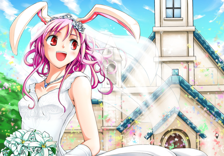 animal_ears bunny_ears church curly_hair dress jewelry long_hair necklace open_mouth purple_hair red_eyes reisen_udongein_inaba smile solo touhou wedding_dress zasshu_fumiya