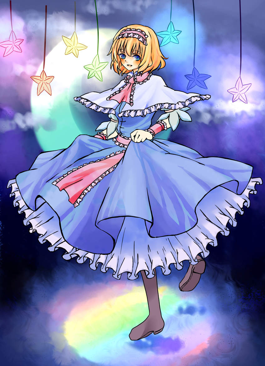 alice_margatroid blonde_hair blue_eyes boots capelet colorful crescent_moon dress highres knora moon short_hair solo spinning star touhou wrist_cuffs