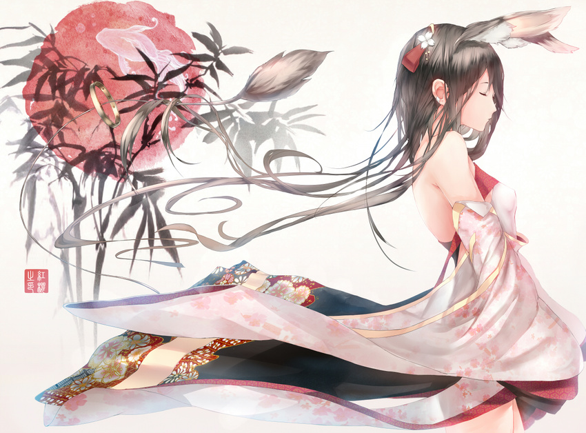 animal_ears bare_shoulders black_hair closed_eyes detached_sleeves fish from_side goldfish hadean92 japanese_clothes jewelry kimono long_hair original profile ring signature simple_background solo tail very_long_hair white_background wide_sleeves