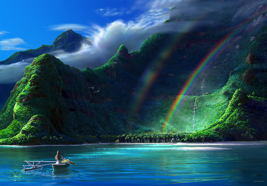 animal beach bird boat brown_hair clouds kagaya landscape original rainbow scenic sky tree water waterfall