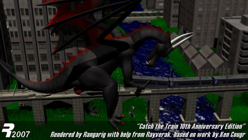 3d balls big_penis black_dragon black_scales bridge building cgi city claws destruction dragon english_text erection evil_varby glowing glowing_eyes hi_res horn long_neck macro male penis rangarig red_eyes sharp_teeth solo teeth text varby wings