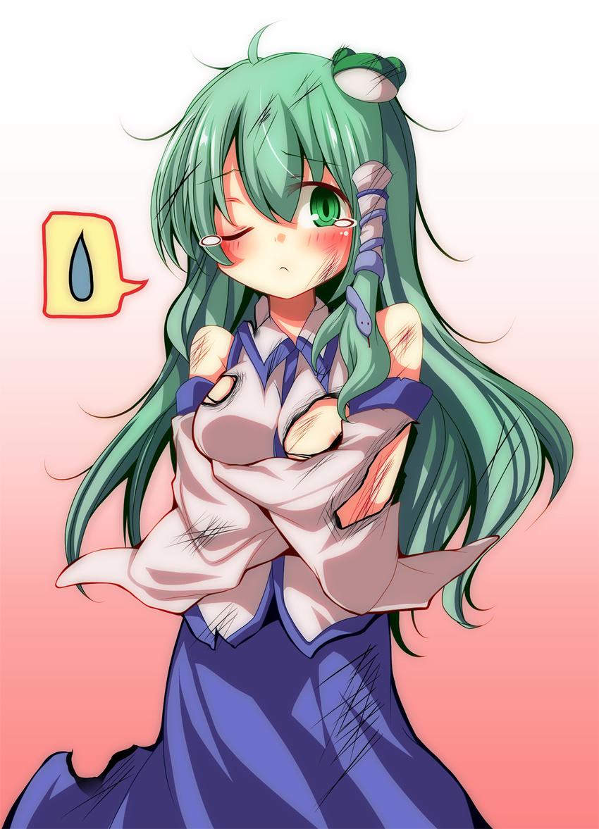 areola_slip areolae bad_id bad_pixiv_id bare_shoulders blush breasts colorized crossed_arms detached_sleeves dirty_clothes frog_hair_ornament gradient gradient_background green_eyes green_hair hair_ornament highres kochiya_sanae kousui_kakuritsu_30_percent long_hair long_sleeves medium_breasts one_eye_closed pink_background s-syogo shirt skirt snake_hair_ornament solo spoken_sweatdrop sweatdrop tears torn_clothes torn_shirt torn_sleeves touhou very_long_hair wide_sleeves