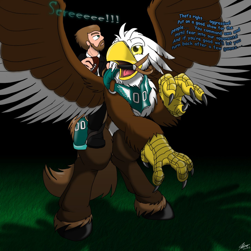 armor avian bald_eagle beak beard bird catmonkshiro drink eagle energy_drink equine facial_hair feathers feral field football football_player grass hippogryph hooves horse_tail male mammal mount pheagle philadelphia_eagles reared_up reins saddle scales talons transformation uniform wings