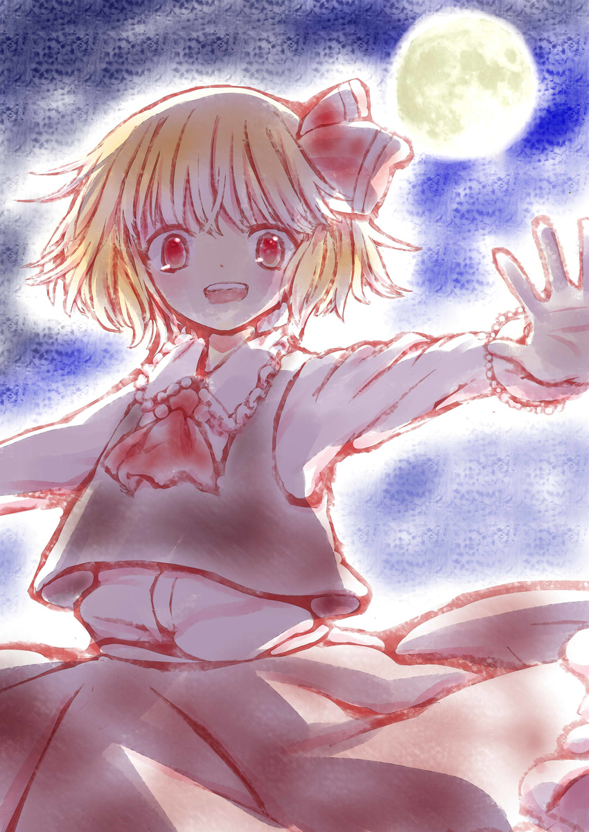absurdres ascot blonde_hair dress full_moon hair_ribbon highres knora looking_at_viewer moon outstretched_arms red_eyes ribbon rumia short_hair touhou vest