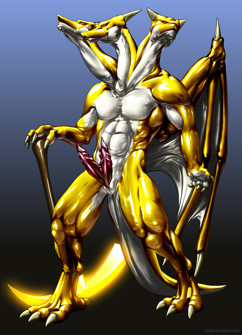 3_heads abs anthro biceps big_muscles claws cloaca dragon erection gold golden golden_dragon hemipenes hi_res holy horn hydra kemono_inukai koan koan_mascus long_neck male multi_cock multi_head multi_headed muscles nude paladin pecs penis presenting reaping_hook red_eyes rithnok rune runes scales scalie sheath slit solo standing toe_claws weapon white_skin yellow_dragon yellow_skin