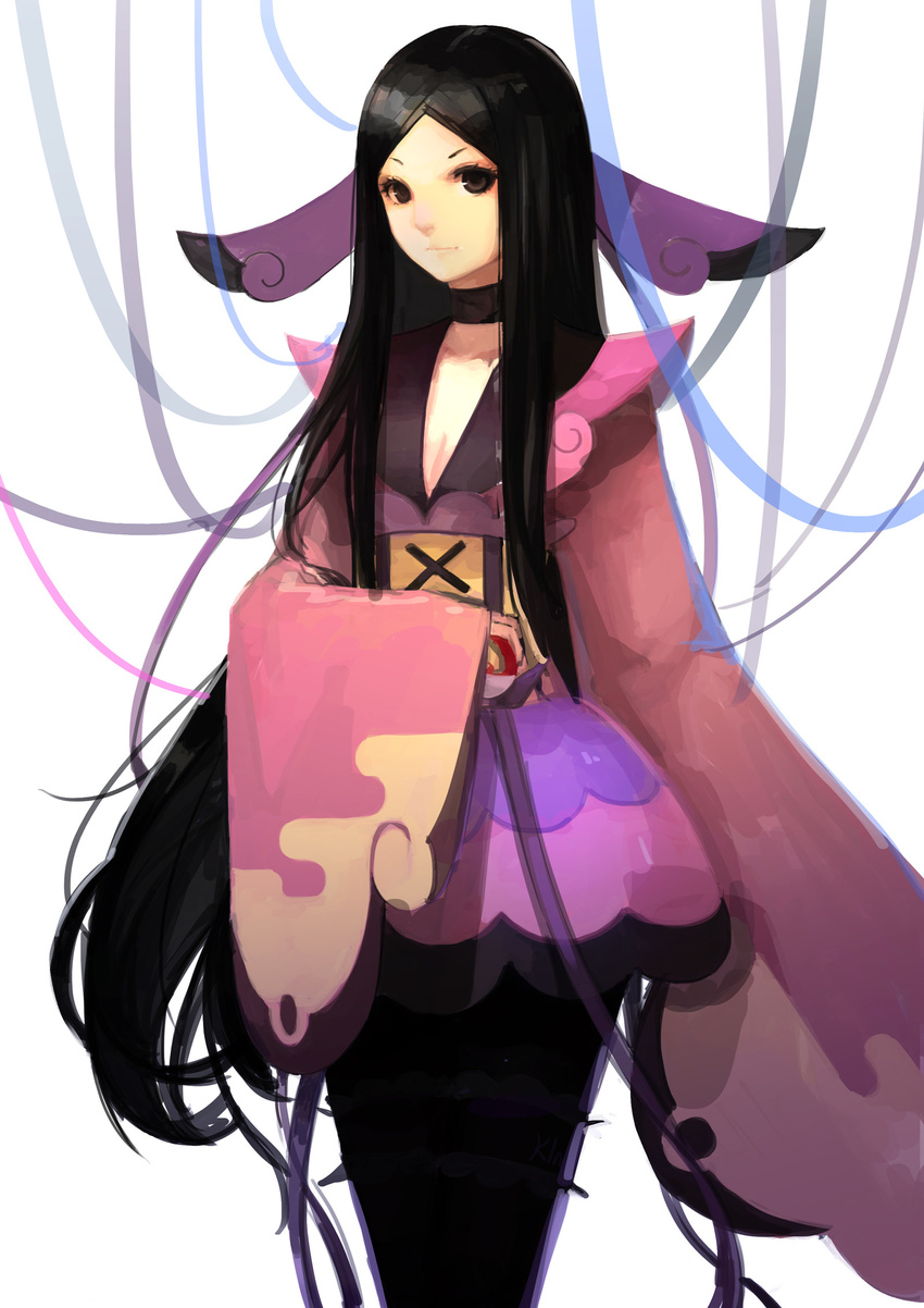 black_hair brown_eyes furisode gym_leader hair_ornament highres japanese_clothes kimono kinven long_hair long_sleeves looking_at_viewer mache_(pokemon) pantyhose pokemon pokemon_(game) pokemon_xy solo