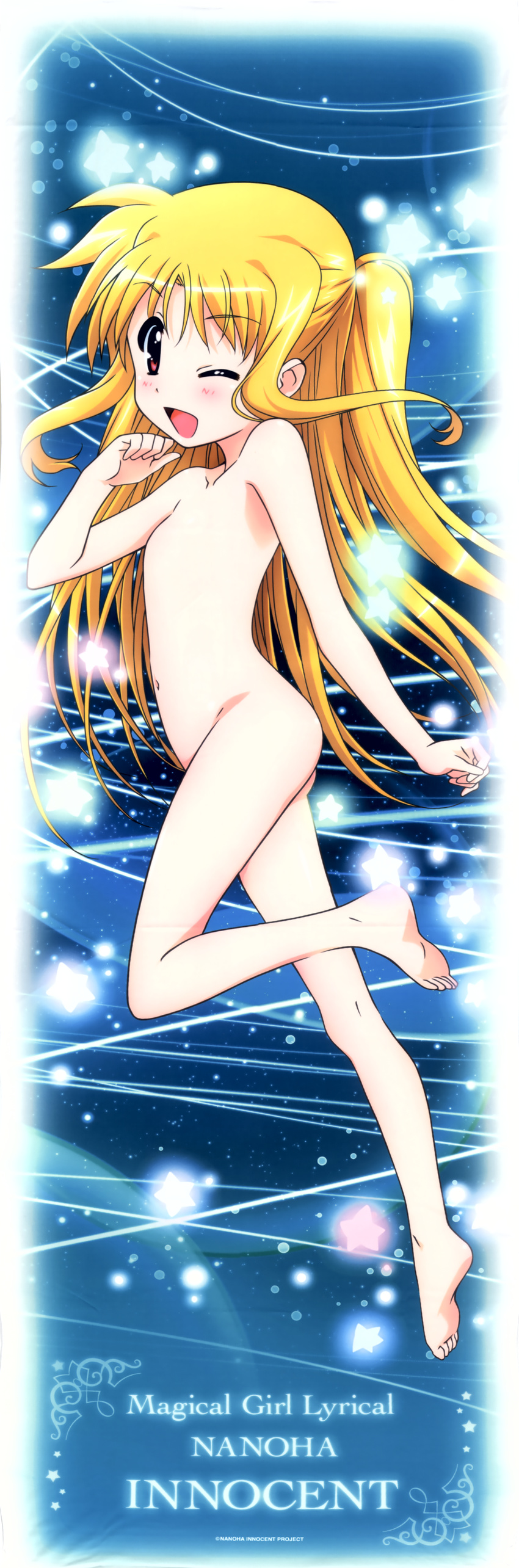 ;d absurdres alicia_testarossa blonde_hair blush flat_chest highres huge_filesize legs long_hair looking_at_viewer lyrical_nanoha mahou_shoujo_lyrical_nanoha_innocent navel no_nipples nude official_art one_eye_closed open_mouth red_eyes smile solo