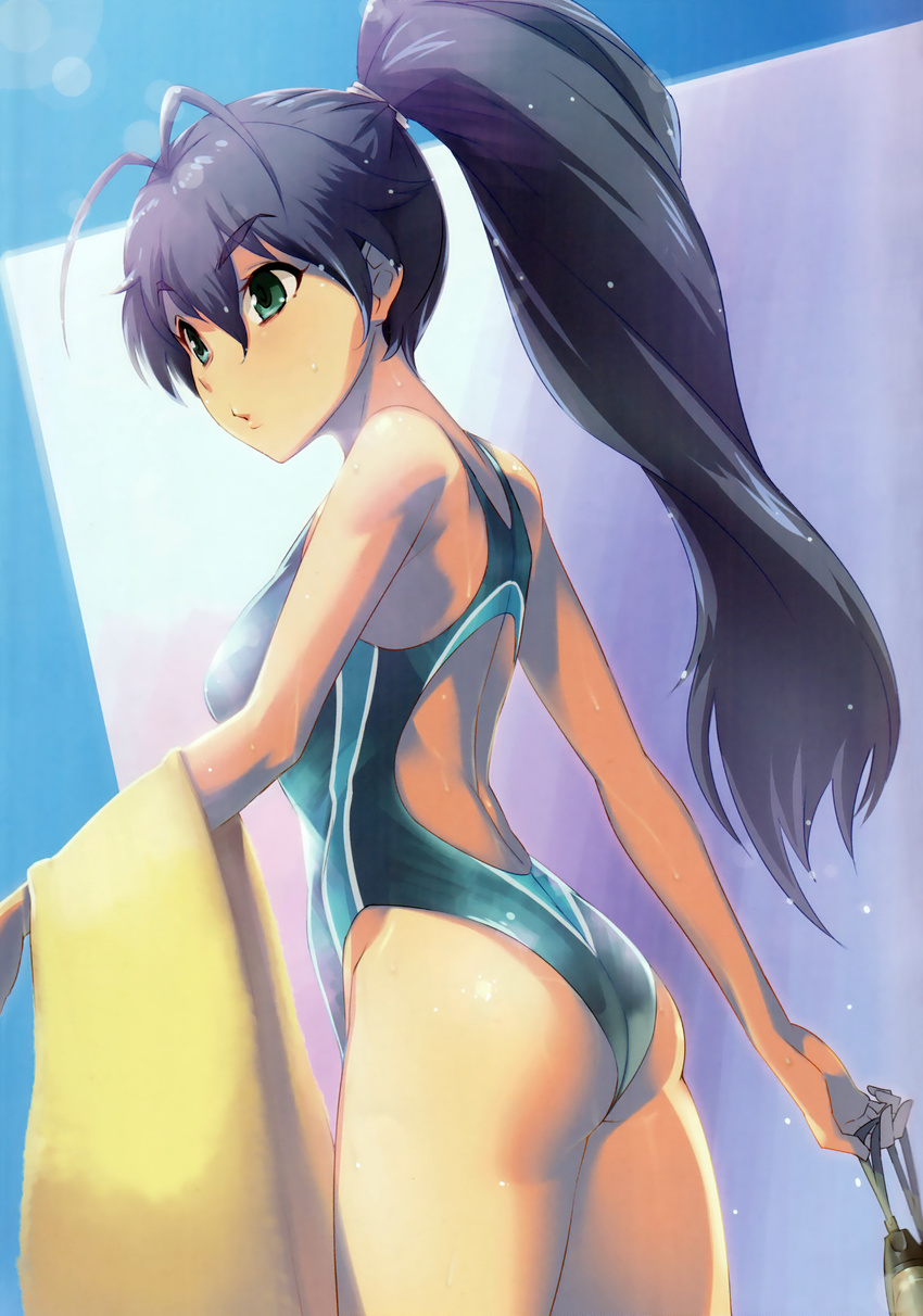 absurdres antenna_hair ass bare_shoulders black_hair blue_sky competition_swimsuit day don_michael ganaha_hibiki goggles green_eyes high_ponytail highres idolmaster idolmaster_(classic) lens_flare long_hair one-piece_swimsuit ponytail scan sky solo swimsuit towel very_long_hair wet
