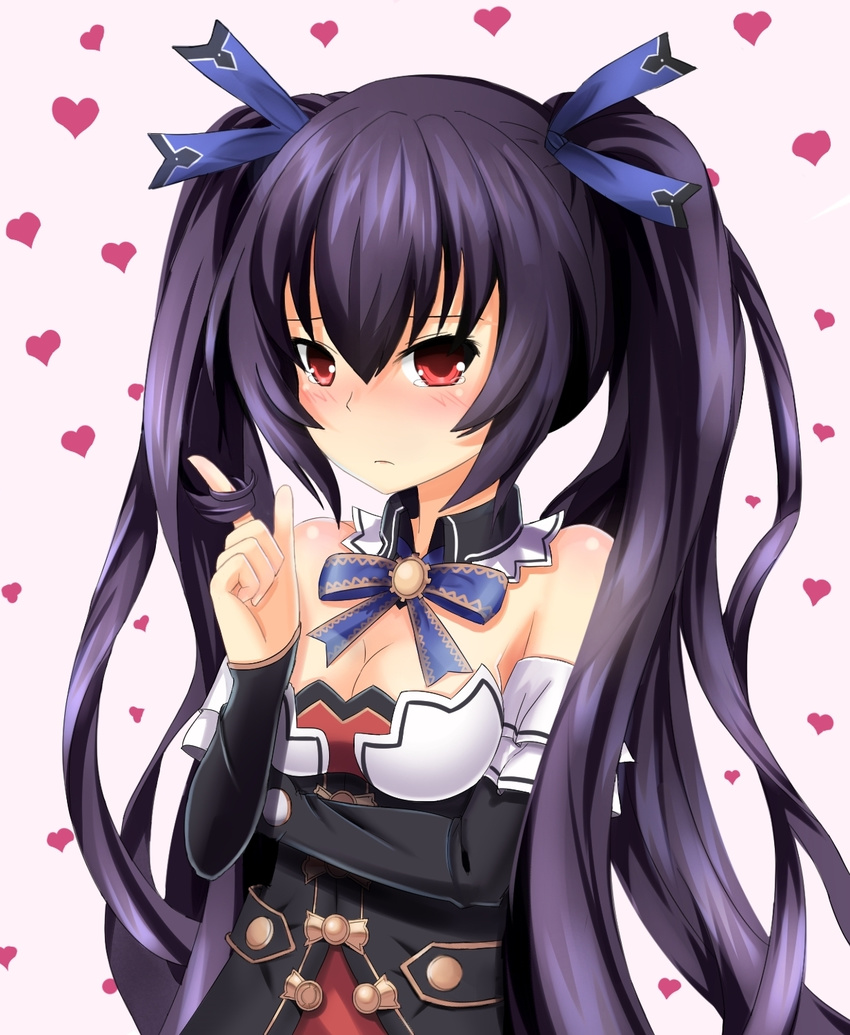 bare_shoulders blush breasts cleavage detached_collar detached_sleeves frown grav hair_ribbon hair_twirling highres long_hair medium_breasts neptune_(series) noire purple_hair red_eyes ribbon solo tearing_up tears twintails