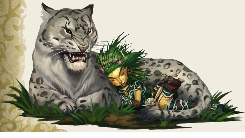 clothed clothing droogami eyes_closed feline feral gnome grass green_hair hair leopard lini mammal paizo pathfinder sleeping snow_leopard teeth unknown_artist yellow_eyes