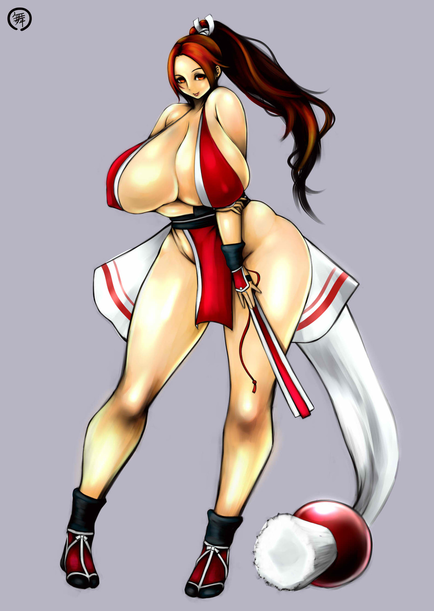 1girl absurdres bare_shoulders breasts brown_eyes brown_hair cleavage collarbone covered_nipples cretin curvy erect_nipples fan fatal_fury female fingernails hair_ornament hair_ornaments highres hips huge_breasts japanese_clothes king_of_fighters knees large_breasts legs lipstick loincloth long_hair long_ponytail looking_at_viewer makeup mound_of_venus no_bra ponytail red_eyes shiranui_mai shoes simple_background snk socks solo standing wide_hips
