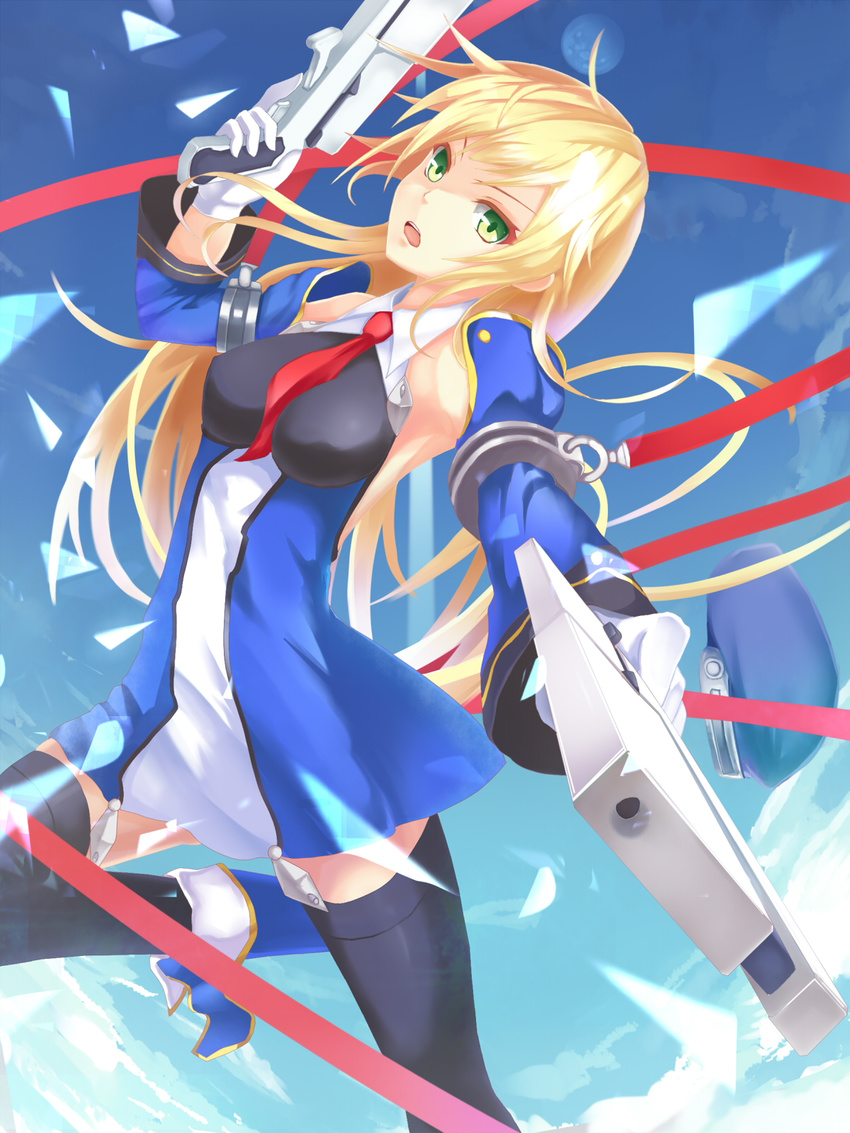 bad_id bad_pixiv_id beret blazblue blonde_hair bolverk gloves green_eyes gun handgun hat highres long_hair necktie noel_vermillion solo uniform wakame_mi weapon