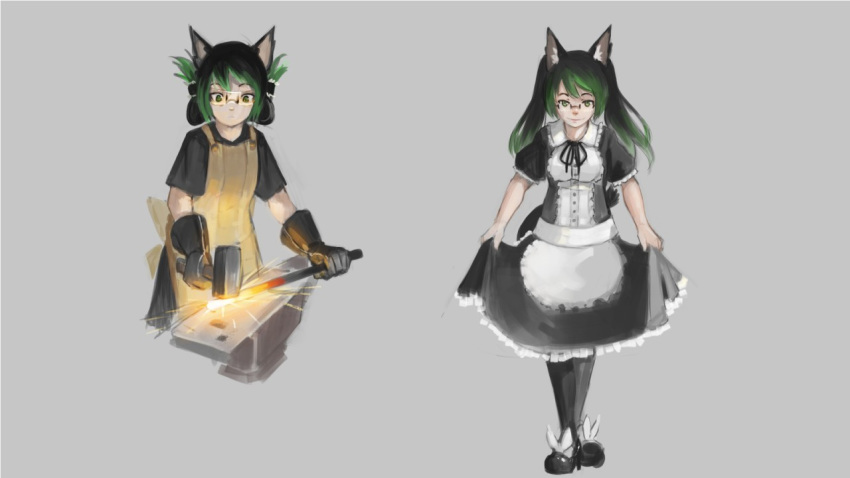1girl animal_ear_fluff animal_ears anvil blacksmith bow cat_ears cat_girl cat_tail curtsey double_bun glasses gloves gradient_hair hair_bun hammer high_heels maid multicolored_hair original paintrfiend safety_glasses smile tagme tail tharkis twintails