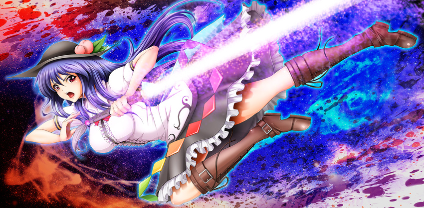 aura blue_hair boots breasts buckle cross-laced_footwear dress flying food fruit hand_on_hilt hat highres hinanawi_tenshi knee_boots knee_up large_breasts layered_dress leaf light_trail long_hair looking_at_viewer lying on_side open_mouth peach red_eyes reverse_grip short_sleeves size_hermitage sky solo star_(sky) starry_sky sword_of_hisou touhou