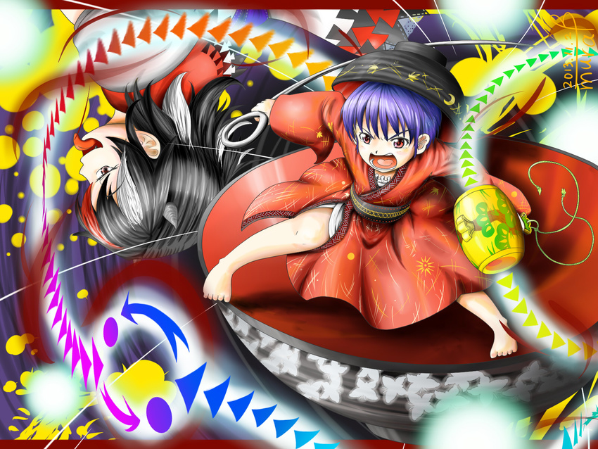 bare_legs barefoot blue_hair bowl crescent dated directional_arrow dress ears fang highres holding_needle horns japanese_clothes kijin_seija kimono layered_dress leaf legs_apart letterboxed light_particles long_tongue looking_away mallet maple_leaf minigirl miracle_mallet mubii multicolored multicolored_background multicolored_hair multiple_girls needle obi open_mouth outstretched_arms red_eyes sash short_hair shouting sideways_glance signature sukuna_shinmyoumaru tears tongue tongue_out touhou upside-down