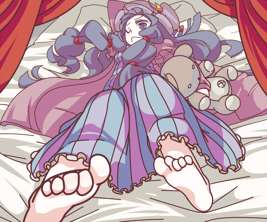 ;&lt; barefoot hat lying monomi patchouli_knowledge purple_eyes purple_hair solo stuffed_animal stuffed_toy teddy_bear touhou