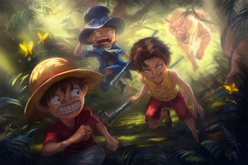 3boys bandage_on_face bandaid bandaid_on_nose black_hair blonde_hair bug butterfly clothes_writing coat fleeing forest freckles goggles goggles_on_headwear hat highres insect lead_pipe male_focus md5_mismatch missing_tooth monkey_d_luffy multiple_boys nature one_piece open_clothes open_coat portgas_d_ace resized richy_truong sabo_(one_piece) scar scared scarf short_hair signature smile straw_hat tears tiger top_hat upscaled watermark web_address younger
