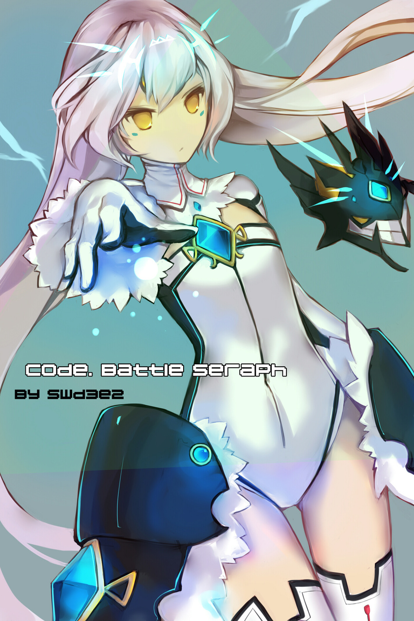 artist_name bad_id bad_pixiv_id blue_background code:_battle_seraph_(elsword) elsword eve_(elsword) expressionless gem gloves highres leotard long_hair moby_(elsword) outstretched_hand solo swd3e2 thigh_gap thighhighs white_hair yellow_eyes