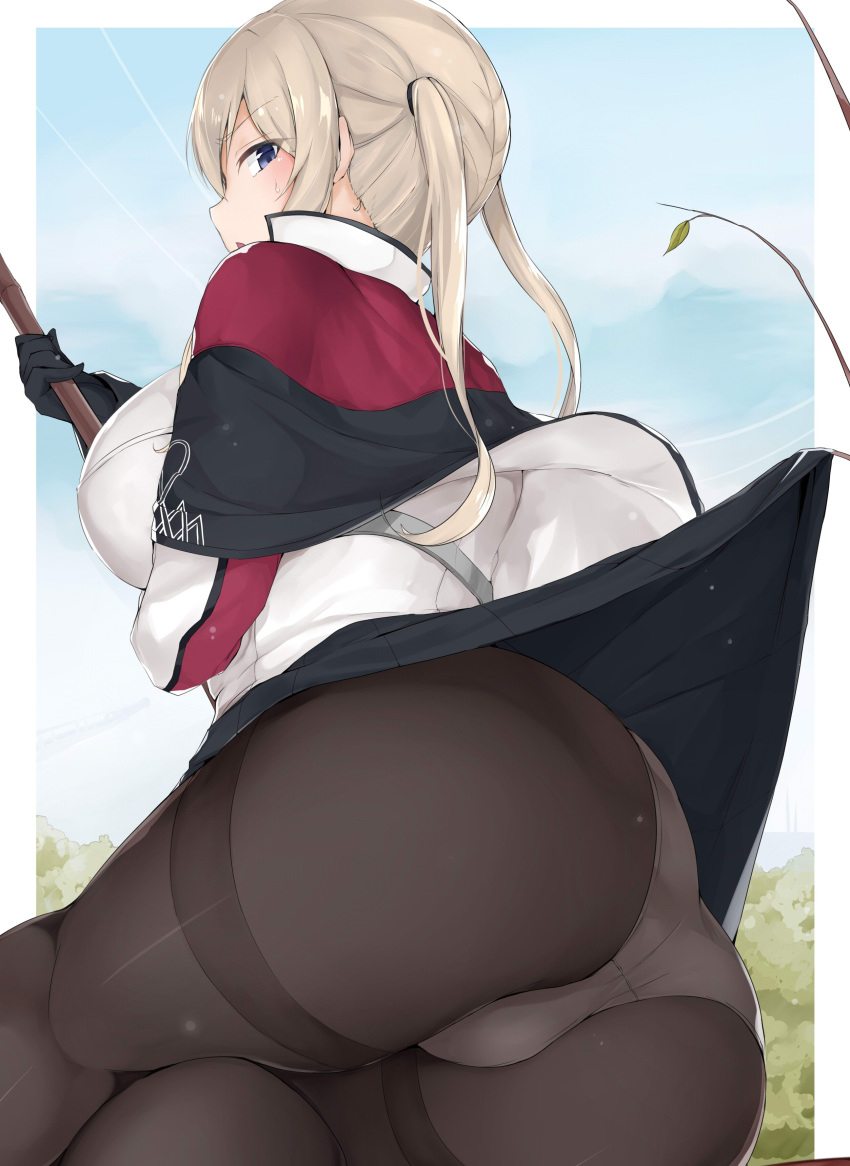 1girl absurdres arm_under_breasts ass black_gloves black_skirt blonde_hair blush border branch breasts capelet day embarrassed gloves graf_zeppelin_(kantai_collection) grey_jacket grey_panties highres jacket kantai_collection large_breasts lying maruya1006 on_side outdoors outside_border panties pantyhose pleated_skirt purple_eyes sidelocks sitting skirt snagged solo thighband_pantyhose tree twintails underwear white_border