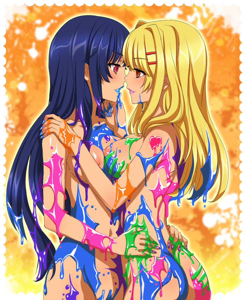 ass bad_id bad_pixiv_id blonde_hair blue_hair breasts brown_eyes colorful hair_ornament hairclip hand_on_another's_chin highres imminent_kiss medium_breasts multiple_girls nail_polish nipples nude original paint red_eyes vioka yuri