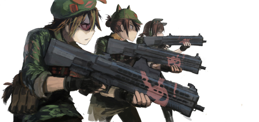 animal_ears beret blonde_hair brown_hair cat_ears decal ergot glasses group_picture group_profile gun hair_bobbles hair_ornament hat helmet lineup load_bearing_vest military military_operator military_uniform multiple_girls original ponytail profile short_hair shotgun simple_background tactical_clothes uniform utas_uts-15 weapon white_background