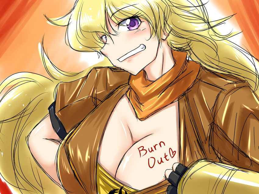 1girl ashcape blonde_hair body_writing breasts cleavage english highres large_breasts pixiv_manga_sample resized rwby smile yang_xiao_long