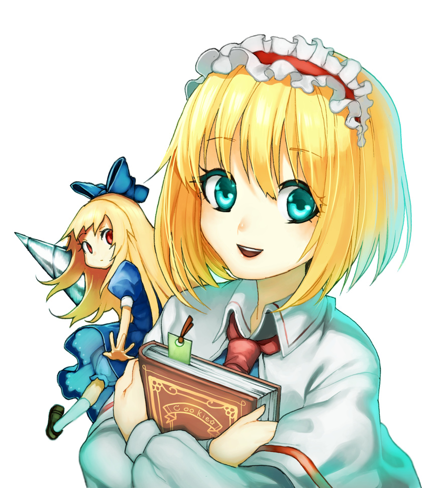 alice_margatroid bad_id bad_pixiv_id blonde_hair bloomers blue_dress blue_eyes blush book book_hug capelet doll dress drill frills hair_ribbon hairband highres holding holding_book lips lolita_hairband long_hair long_sleeves looking_at_viewer looking_back necktie open_mouth outstretched_arm puffy_sleeves red_eyes ribbon shanghai_doll shirt shoes short_hair short_sleeves simple_background smile solo thighhighs touhou underwear wadani_hitonori white_background white_legwear white_shirt