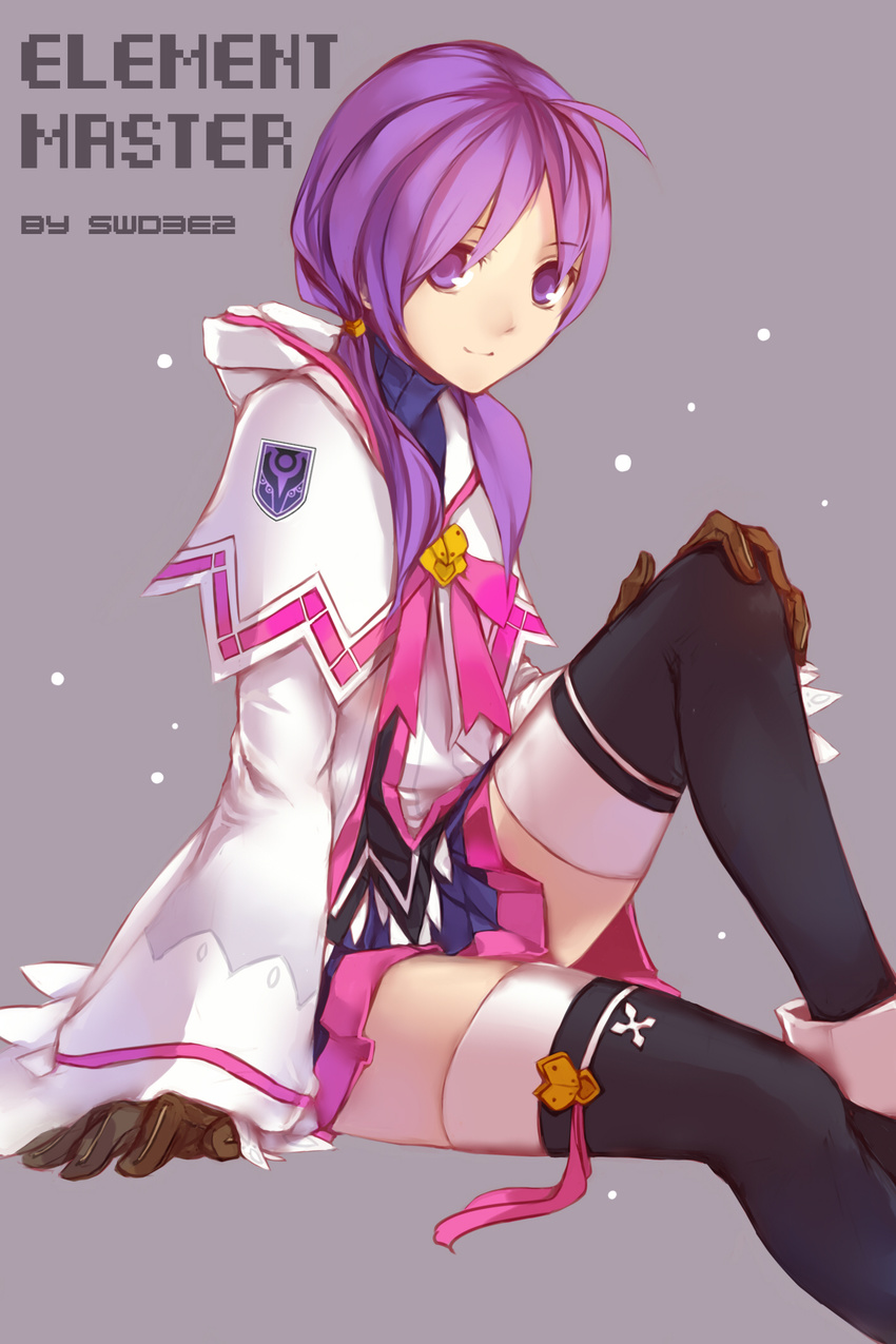 aisha_(elsword) artist_name bad_id bad_pixiv_id black_legwear bow character_name elemental_master_(elsword) elsword gloves grey_background hand_on_own_knee highres jacket long_hair low_twintails pink_bow purple_eyes purple_hair purple_skirt sitting skirt smile solo swd3e2 thighhighs twintails zettai_ryouiki