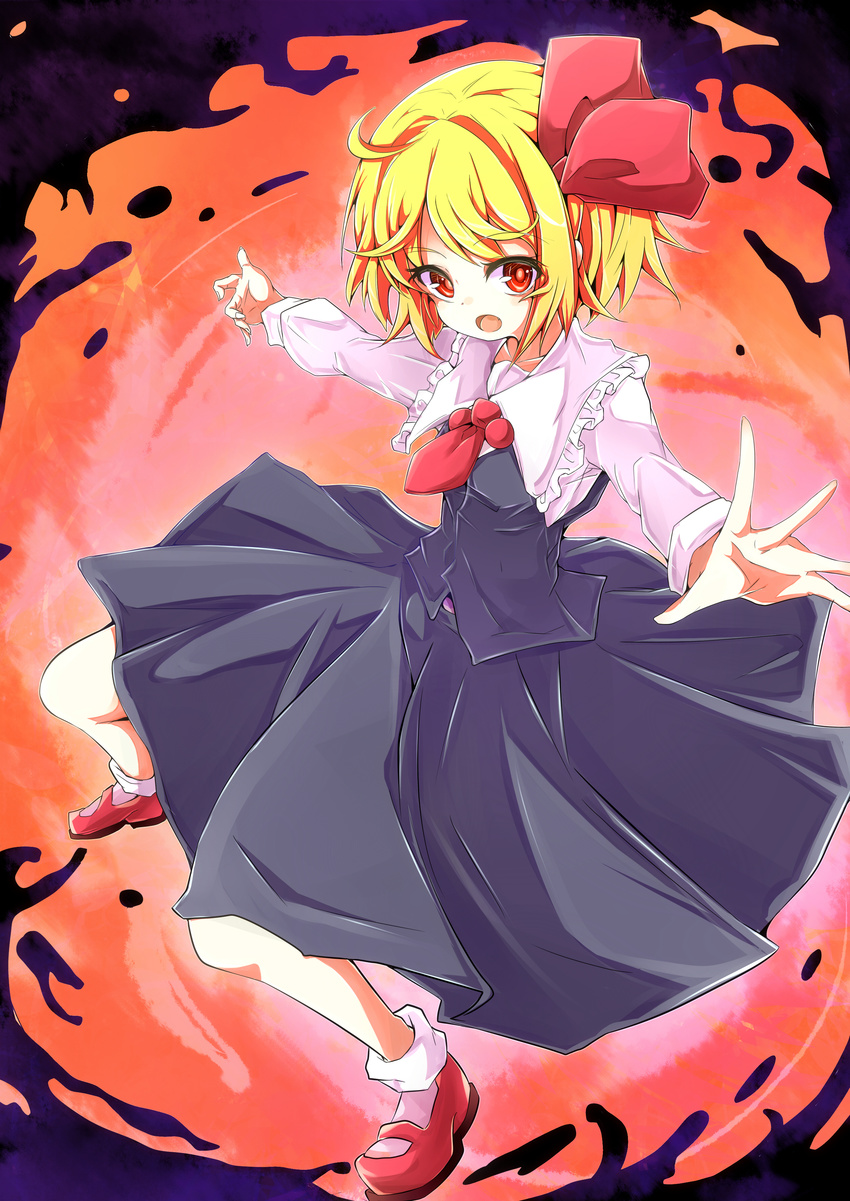 absurdres baba_(baba_seimaijo) blonde_hair fang frills full_body hair_ribbon highres long_skirt long_sleeves looking_at_viewer necktie open_mouth outstretched_arms red_eyes ribbon rumia shirt shoes short_hair skirt skirt_set smile socks solo touhou vest white_legwear white_shirt