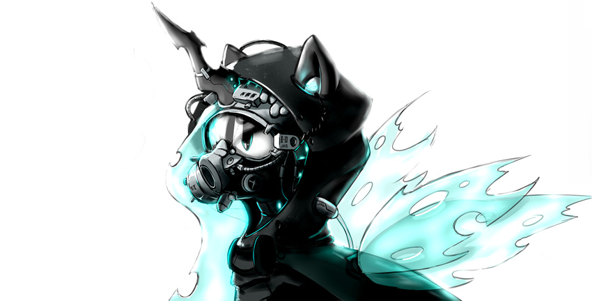 changeling female feral friendship_is_magic gas_mask green_eyes horn junkiekb my_little_pony plain_background queen_chrysalis_(mlp) solo white_background wings